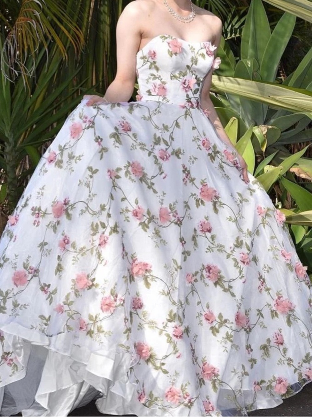 Jadore Evening White Strapless with Pink Floral Wedding/Prom/Grad Ball Gown